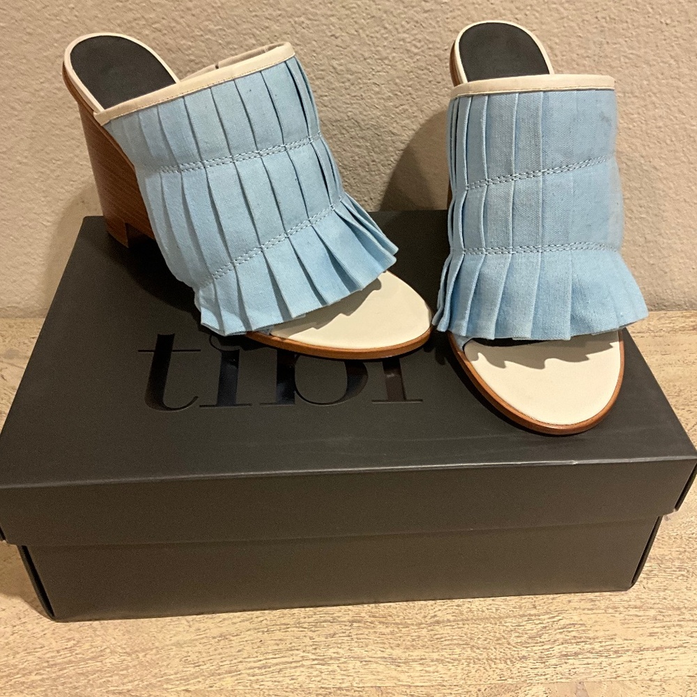 Tibi Nadine Linen Blue Wedge 4-inch Heels Sandals Brand New Size 39 9 Brazil